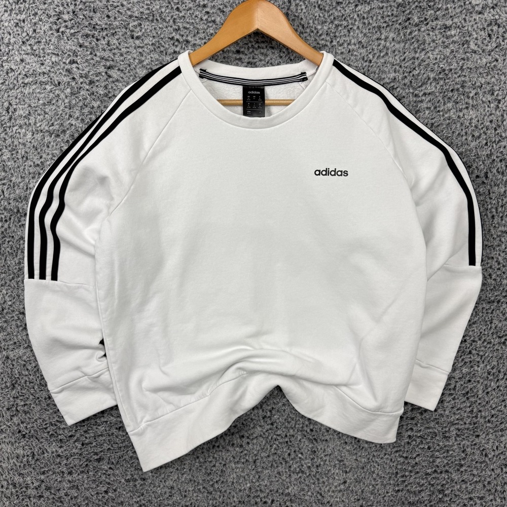 Adidas Sweatshirt Womens XL White 3-Stripes Logo Fleece Pullover Raglan Crewneck